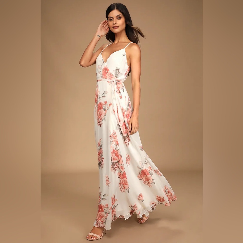 Lulus Elegantly Inclined Cream Floral Print Wrap Maxi Dress - Large